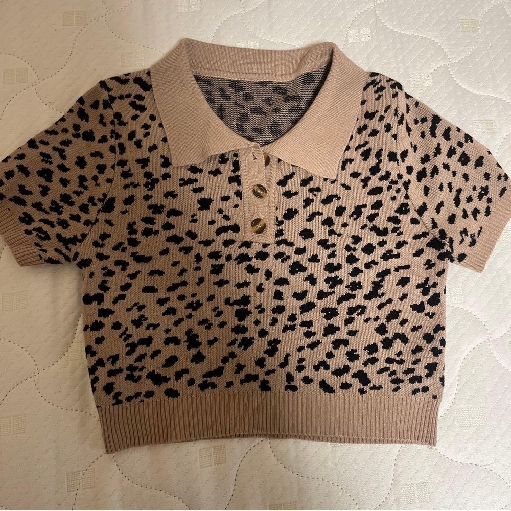 Leopard Print Crop Polo Shirt - Tan and Black